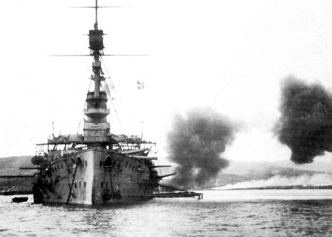 HMS Cornwallis fires a broadside in 1915