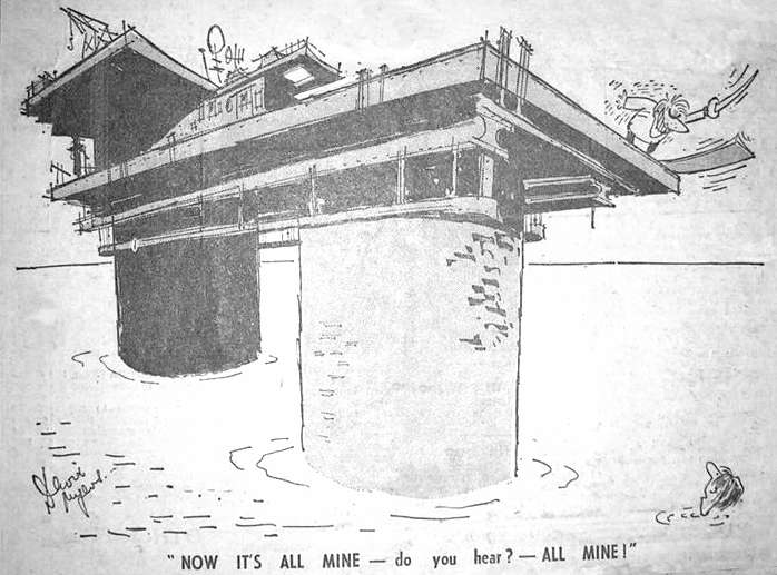 Newspaper sketch Roy Bates & Caroline walk plank
