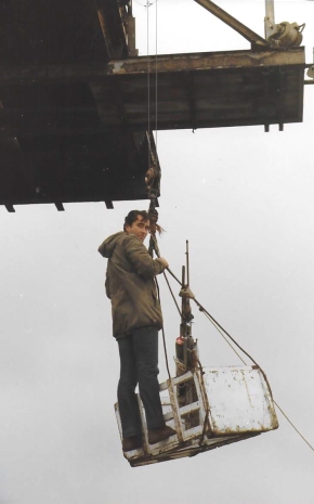 Michael Bates on the hoist up to the platform