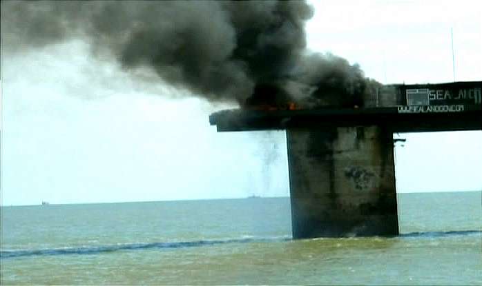 Sealand on Fire smoke looms over the fort