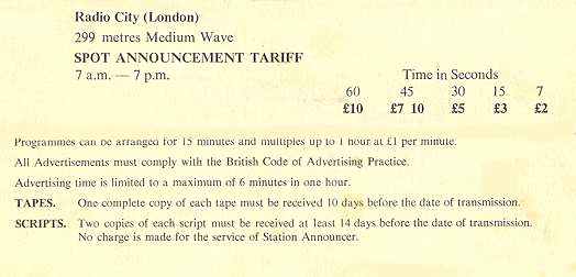 Radio City Rate Card 1965